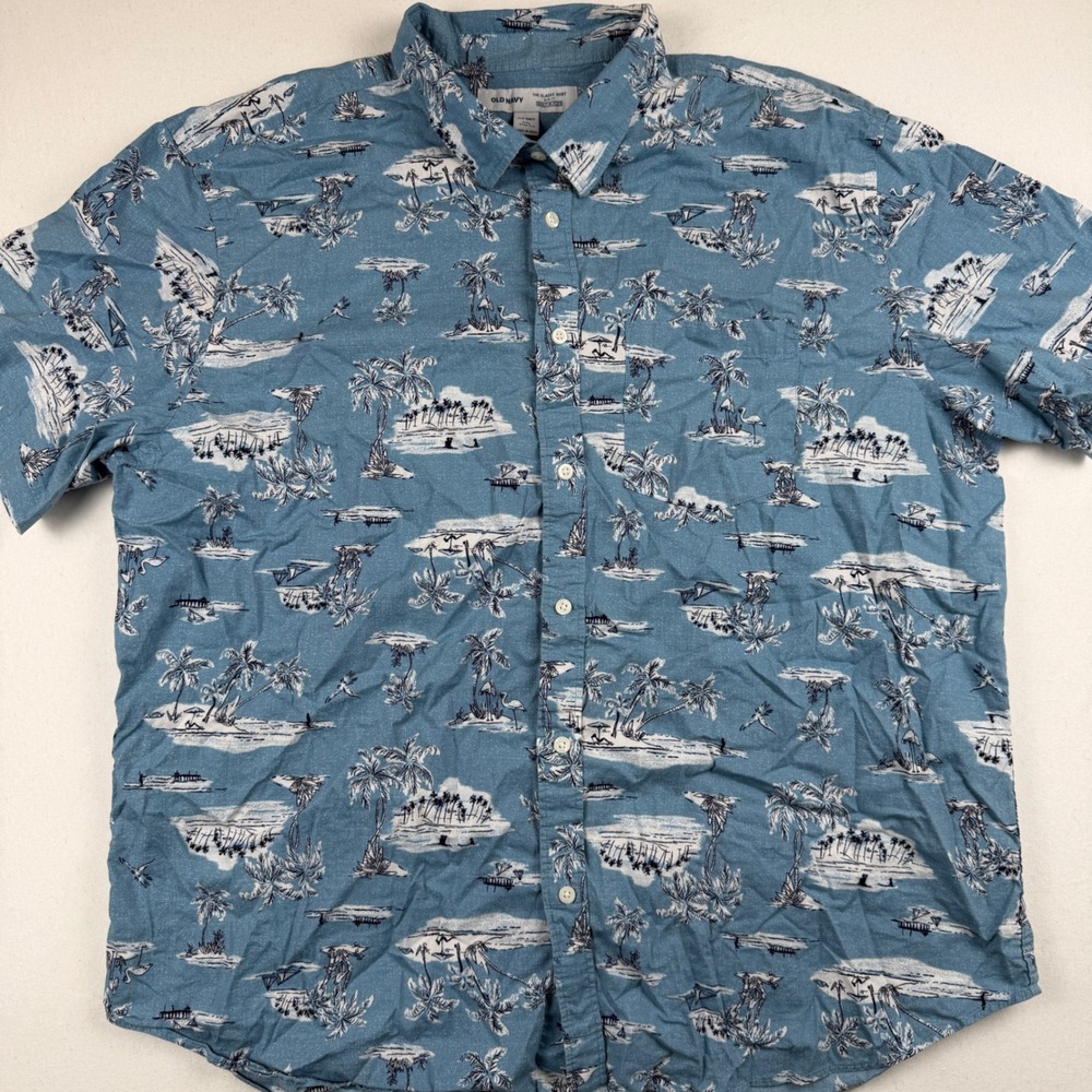 Old Navy Mens XXL Slim Fit Built-In Flex Tropical Palm Tree Button Up Shirt Blue